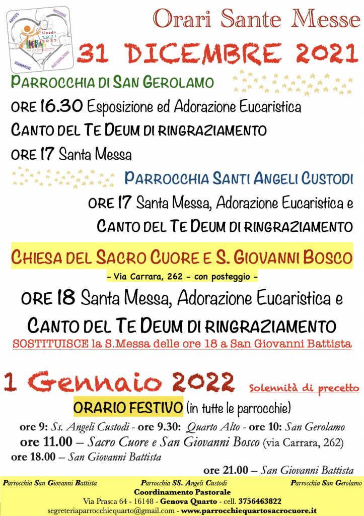 Sante Messe di fine anno 2021 & inizio 2022